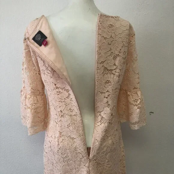 Vince Camuto Womens Sz 6 Lace Floral Flared Bell Sleeves Pink Peachy Shift Dress - Picture 7 of 12
